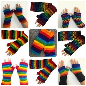 May include: Nine pairs of rainbow fingerless gloves, each with a different pattern. The gloves are made of knitted yarn and feature a variety of colours, including red, orange, yellow, green, blue, indigo, and violet.