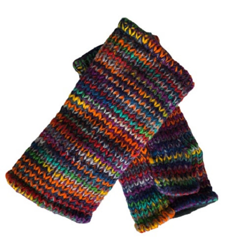 Hand Knitted Fleece Lined Wool Wrist Warmers Colourful Multi Space Dye Pattern Handwarmers Rainbow Striped Mitts Fingerless Gloves Mittens image 3