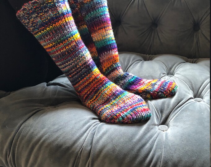 Fairtrade Long Socks, Wool Socks, Handmade, Hand Knitted, Rainbow