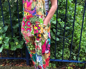 Colourful Patchwork Lightweight Cotton Straight Leg Long Dungarees Bright Ethnic Print Patch Hippie Overalls Boho Jumpsuit Festival Romper