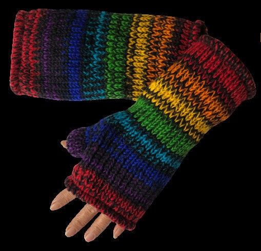 Fleece Lined Knitted Rainbow Wool Wrist Warmers Unisex Mitts Boho Fin…