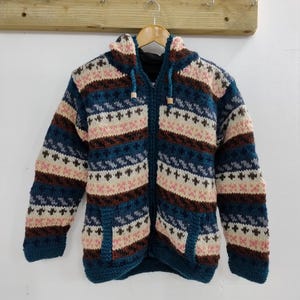 Cardigan de lã listrado Fair Isle com forro de lã, jaqueta com capuz, tricotada à mão, azul, marrom, rosa, creme, com zíper, quente, inverno, malha, masculino, feminino