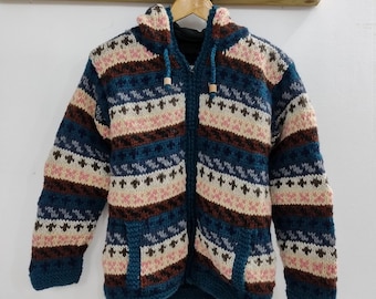 Striped Fair Isle Wool Cardigan Fleece Lined Hooded Jacket Hand Knitted Blue Brown Pink Cream Zip Hoodie Warm Winter Knit Mens Ladies