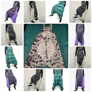 May include: A collection of tie-dye jumpsuit styles in various colors, including purple, green, and black. The jumpsuits feature a loose, comfortable fit and a wide leg design.