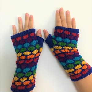 Hand Knitted Fleece Lined Wool Wrist Warmers Blue Rainbow Spot Pattern Handwarmers Colourful Mitts Fingerless Gloves Warm Knit Mittens