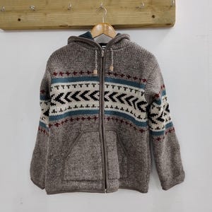 Cardigan de lã forrado de lã tricotado à mão, moletom com capuz e zíper, cinza, Fairisle, nórdico, padrão chevron, bolsos, jaqueta com capuz, masculino e feminino