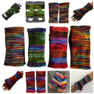 Hand Knitted Fleece Lined Wool Wrist Warmers Colourful Pink Green Red Space Dye Pattern Handwarmers Striped Mitts Fingerless Gloves Mittens