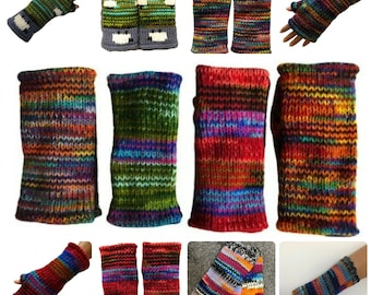 Hand Knitted Fleece Lined Wool Wrist Warmers Colourful Pink Green Red Space Dye Pattern Handwarmers Striped Mitts Fingerless Gloves Mittens