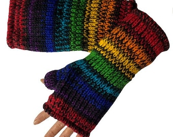 Hand Knitted Fleece Lined Wool Wrist Warmers Black Rainbow Blend Pattern Handwarmers Colourful Mitts Fingerless Gloves Warm Knit Mittens