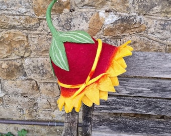 Red Sunflower Felted Wool Hat Pixie Flower Fairy Elf Felt Hat Funky Boho Hippie Witch Wizard Costume Novelty Fancy Dress Party Festival