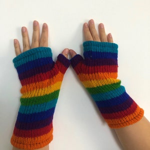 Hand Knitted Fleece Lined Wool Wrist Warmers Rainbow Stripe Pattern Handwarmers Colourful Striped Mitts Fingerless Gloves Warm Knit Mittens