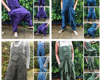 Stonewash Cotton Drop Crotch Harem Dungarees Plain Unisex Ethnic Funky Overalls Hippie Jumpsuit Boho Festival Romper Pockets Blue Grey Green