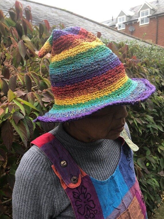 Rainbow Striped Crochet Wizard Sun Hat Natural Hemp Cotton Eco 