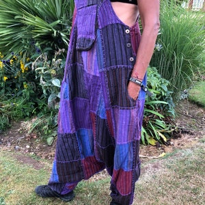 Purple Pink Patchwork Cotton Drop Crotch Harem Dungarees Bright Striped Patch Ethnic Hippie Overalls Boho Jumpsuit Festival Romper Pockets