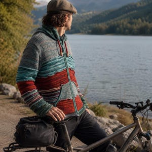 May include: A long-sleeve knit zip-up hoodie featuring a multi-coloured horizontal striped pattern in shades of teal, red, grey, and blue. The garment includes a hood with drawstring cords, a front zip closure, and a kangaroo pocket on the front.