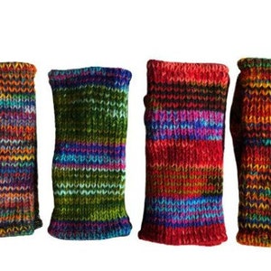 Hand Knitted Fleece Lined Wool Wrist Warmers Colourful Multi Space Dye Pattern Handwarmers Rainbow Striped Mitts Fingerless Gloves Mittens image 7