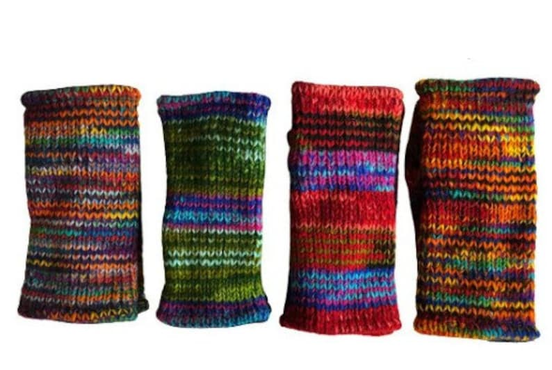 Hand Knitted Fleece Lined Wool Wrist Warmers Colourful Multi Space Dye Pattern Handwarmers Rainbow Striped Mitts Fingerless Gloves Mittens image 7