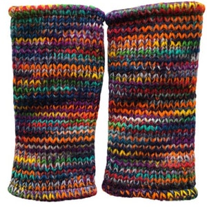 Hand Knitted Fleece Lined Wool Wrist Warmers Colourful Multi Space Dye Pattern Handwarmers Rainbow Striped Mitts Fingerless Gloves Mittens image 4