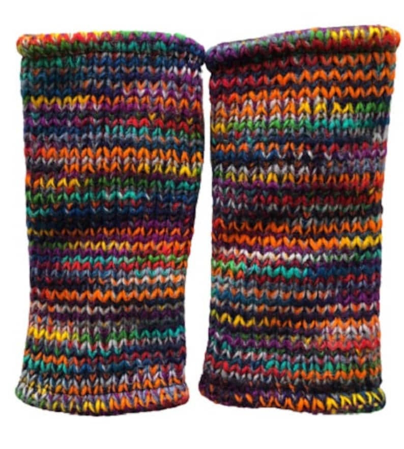 Hand Knitted Fleece Lined Wool Wrist Warmers Colourful Multi Space Dye Pattern Handwarmers Rainbow Striped Mitts Fingerless Gloves Mittens image 4