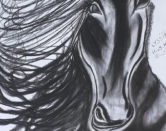 oeuvre originale, dessin au fusain, tête de cheval au galop