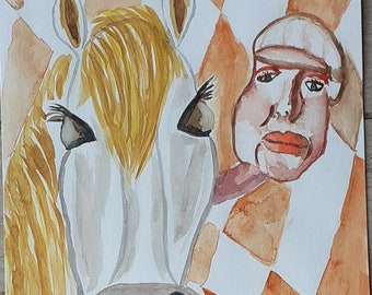 origineel werk, schaakspel aquarel, witte ridder