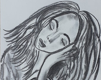 original work, Charcoal drawing, portrait of a sleeping woman