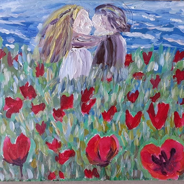 oeuvre originale, tableau coloré acrylique sur toile chassis 3d, amoureux dans la prairie