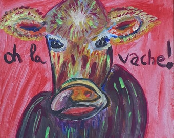 original work, painting cow colorful, cow pop art, original signed wall art, oh the cow,