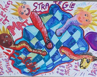 original work, Colorful drawing, on the theme of the game of chess, entitled Mat