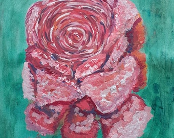 original work, painting pink rose, painting flower, pink Green wall art