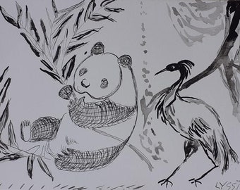 original work, drawing in Indian Ink, panda and crane