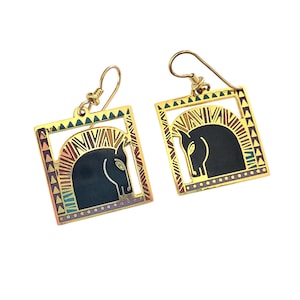 Vintage Laurel Burch Equus Gold Tone Cutout Dangle Drop Earrings