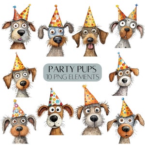 Hond clipart PNG-set feesthonden Dog headshot clipart Commercieel gebruik Verjaardagskaartelementen voor hondenliefhebbers