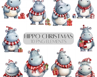 Hippo clipart set Christmas Hippos Hippopotamus clipart For Christmas card making and Christmas invitations Commercial use PNG