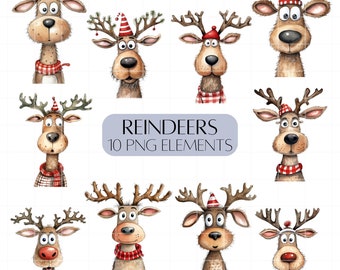 Reindeer clipart set Cute reindeers Christmas themed illustrated clipart PNG Commercial use Christmas card elements