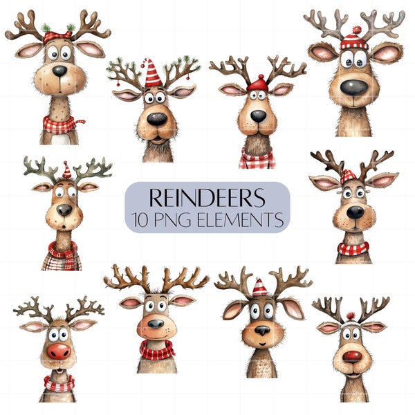 Ensemble de cliparts rennes mignons rennes clipart illustré sur le thème de Noël PNG à usage commercial éléments de carte de Noël