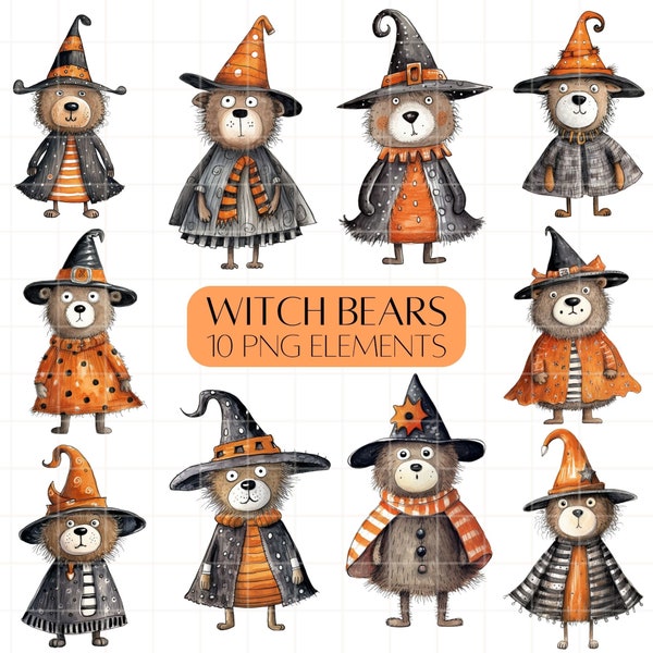 Witch bears Halloween clipart set Cute illustrated bears Halloween characters PNG Commercial use