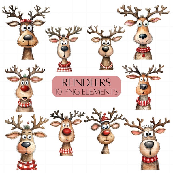 Cute reindeers Christmas themed illustrated clipart PNG Commercial use Reindeer clipart set Christmas card elements
