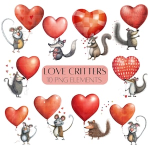 Love heart clipart Cute Valentine's characters Animals holding balloons Love clipart for Mother's day Commercial use Mouse clipart Cute
