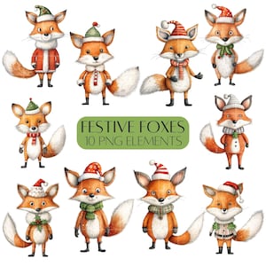 Fox Clipart set Niedliche festliche Füchse für Weihnachtskarten PNG Kommerzielle Nutzung Weihnachtsmann Fuchs