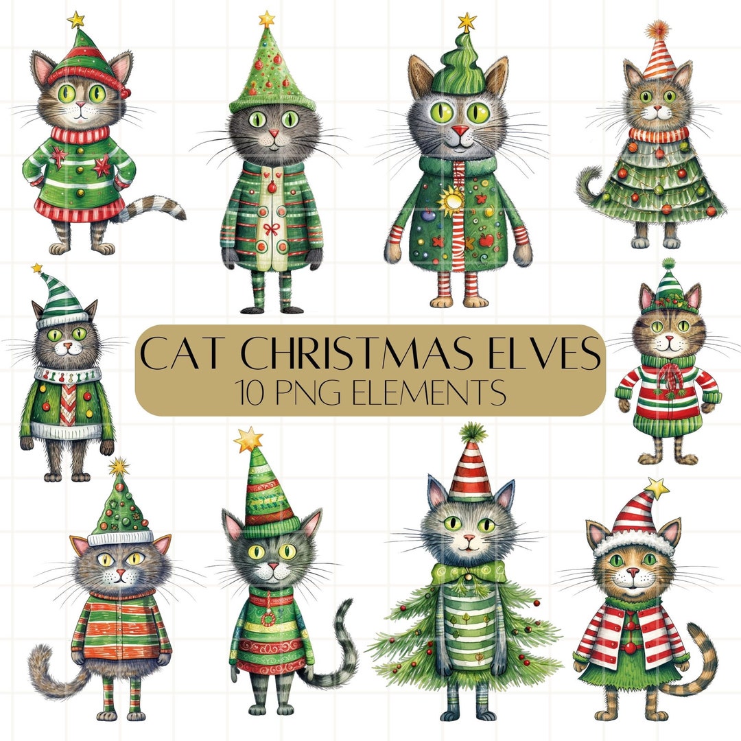 Christmas Elf Clipart Festive Cats PNG Commercial Use Cute Cats for