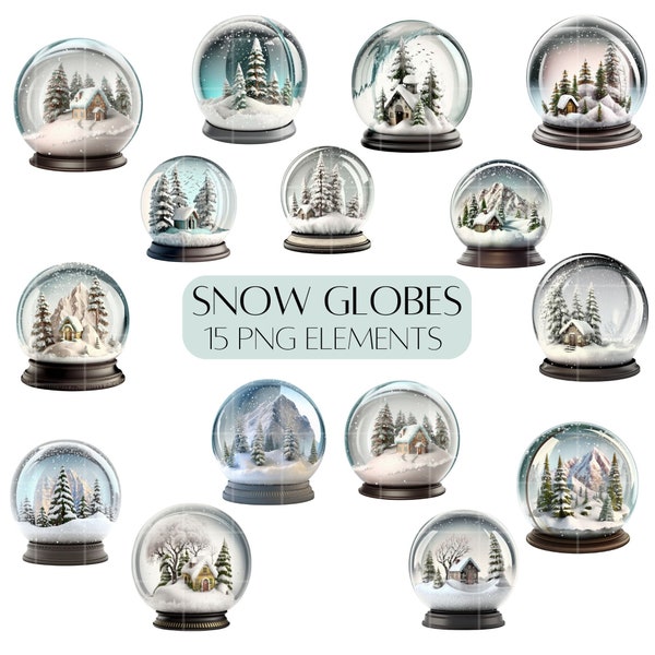 Snow globe clip art set 15 PNG transparent background Winter wonderland clipart Christmas scenery Snow scene Waterglobe clipart Commercial