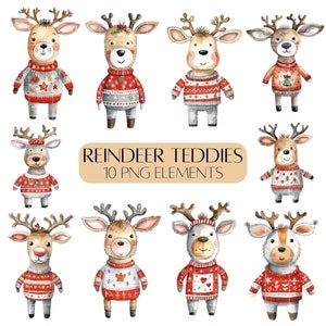 Renne carine a tema natalizio clipart illustrate PNG Uso commerciale Elementi per biglietti di Natale Set di clipart di renne