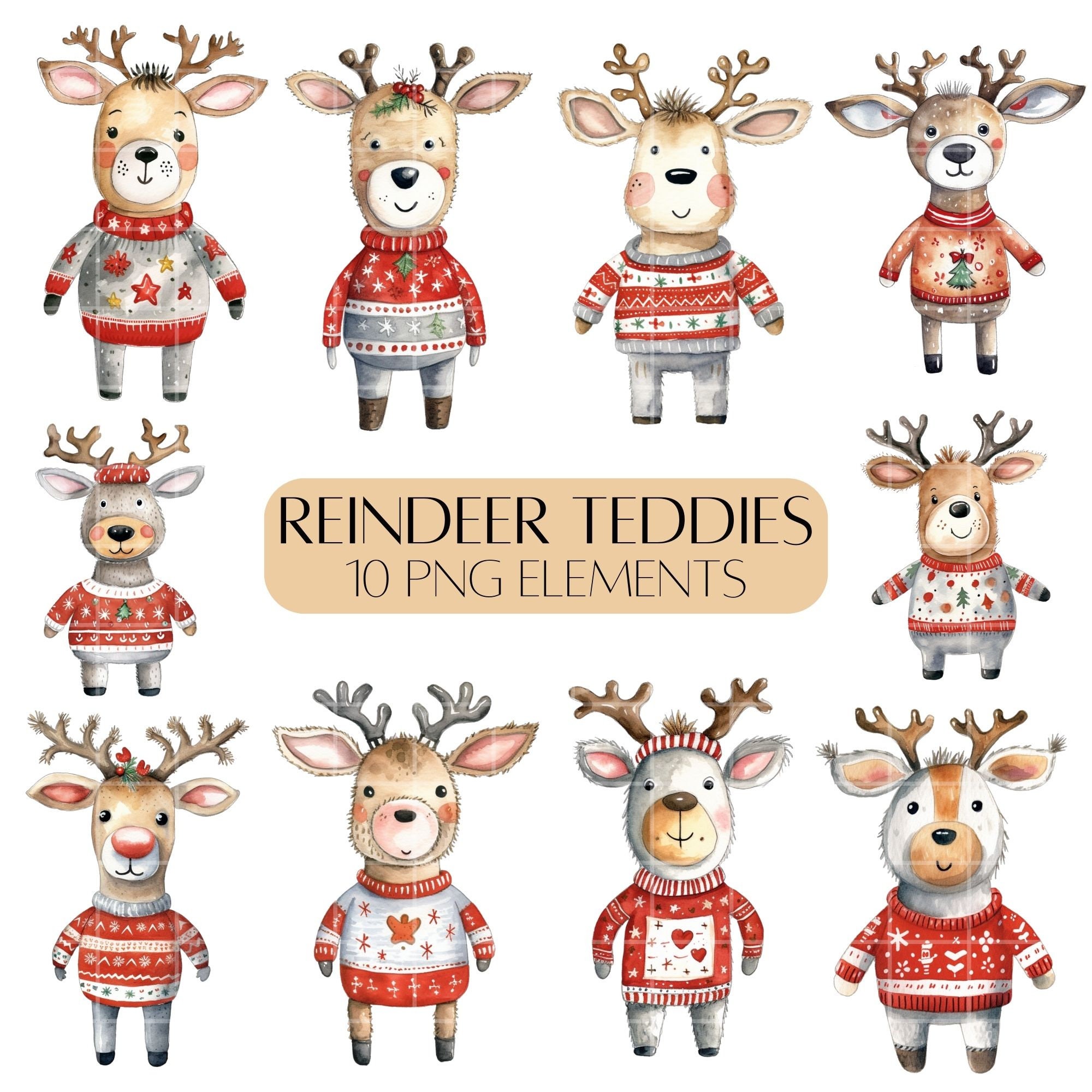 Cute reindeers Christmas themed illustrated clipart PNG Commercial use Christmas card elements Reindeer clipart set