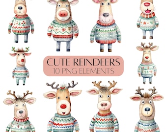 Christmas clipart pack cute reindeers PNG Commercial use Card marking elements Reindeer clipart