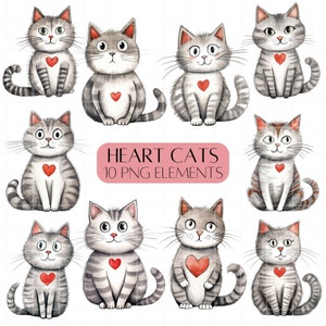 Ensemble de cliparts chat mignon Saint-Valentin Chats avec coeurs d'amour PNG à usage commercial Carte clipart chat Saint-Valentin