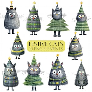 Set di clipart di gatti festivi Gatti carini illustrati per biglietti di Natale PNG Uso commerciale Gatti dell'albero di Natale