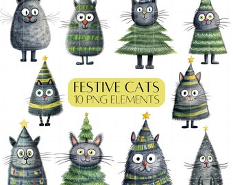 Festive cat clipart set Cute illustrated cats for Christmas cards PNG Commercial use Christmas tree cats