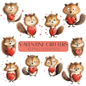 Clipart mignons animaux de la forêt de la Saint-Valentin tenant des coeurs d'amour Clipart pour les amoureux Pack de cliparts de carte de voeux de la Saint-Valentin usage Commercial