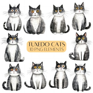 Ensemble de cliparts de chat smoking Mignons chats noir et blanc PNG Utilisation commerciale Amoureux des chats fournitures de fabrication de cartes